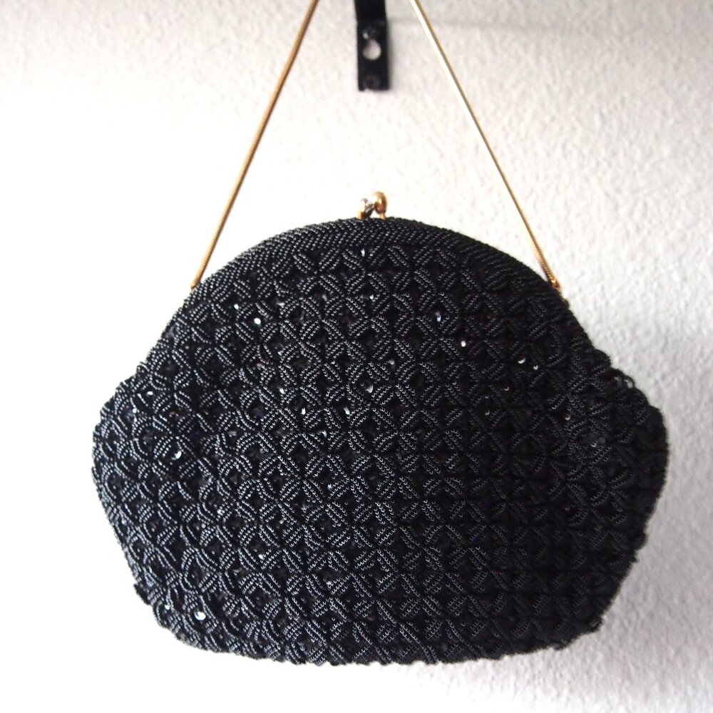 Vintage Beaded Black Evening Bag With Snake Chain/Handmade in Hong Kong